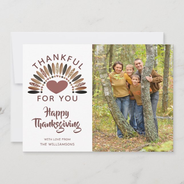 Thanksgiving THANKFUL FOR YOU Brush Script Heart Holiday Card (Front)