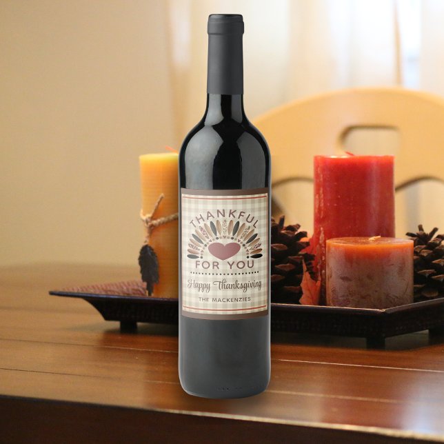 Thanksgiving THANKFUL FOR YOU Rustic Gingham Wine Label (Creator Uploaded)