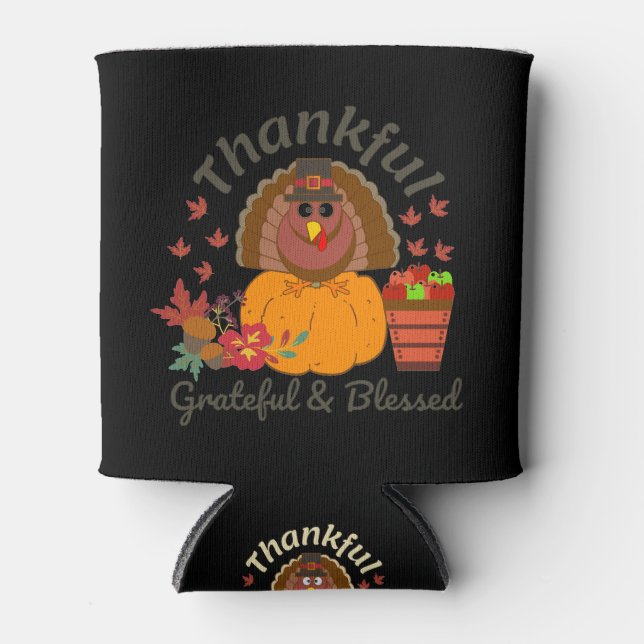 Thanksgiving Thankful Grateful & Blessed Can Cooler (Front)