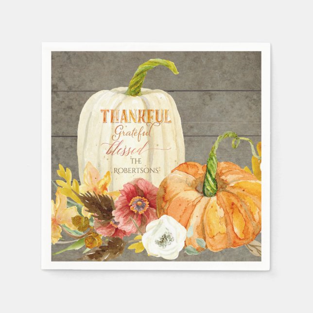 Thanksgiving Thankful Grateful Blessed Family Name Paper Napkins (Front)