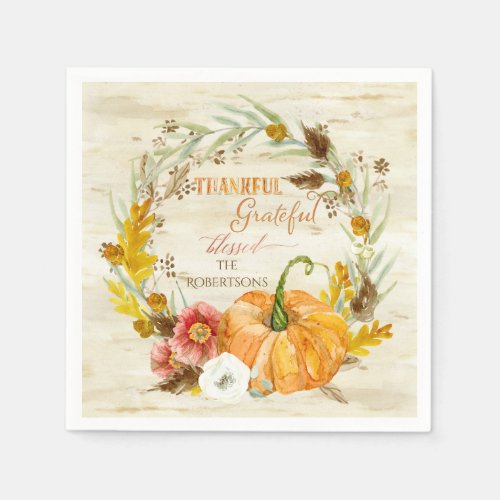 Thanksgiving Thankful Grateful Blessed Family Name Paper Napkins