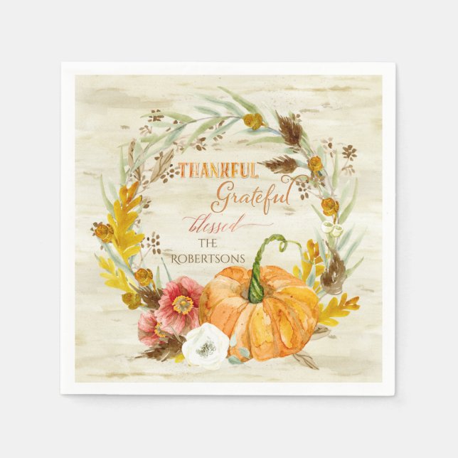 Thanksgiving Thankful Grateful Blessed Family Name Paper Napkins (Front)