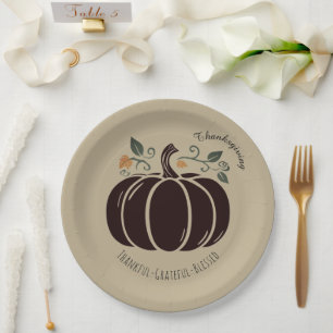 Thanksgiving,Thankful Grateful Blessed , Pumpkin, Paper Plates