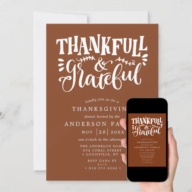 Thanksgiving Thankful & Grateful Fall Dinner Invitation | Zazzle