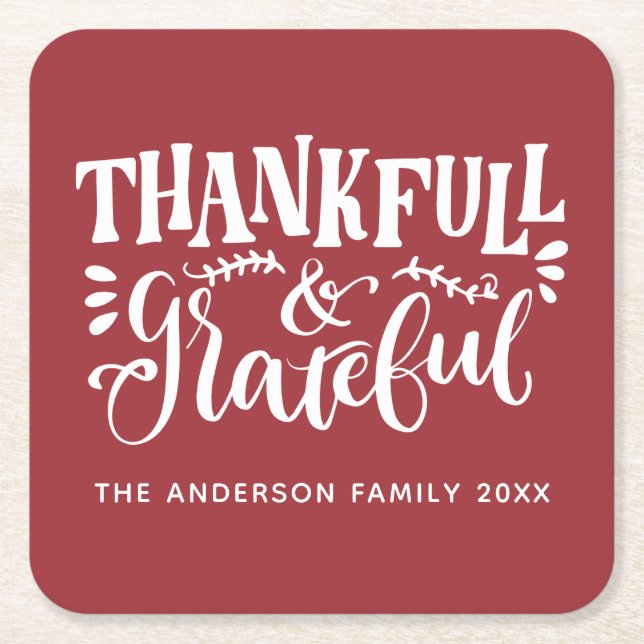Thanksgiving Thankful & Grateful Fall Harvest Square Paper Coaster (Front)