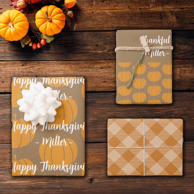 Thanksgiving Thankful Plaids Custom Name Wrapping Paper Sheets (Creator Uploaded)