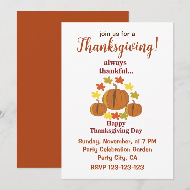 Thanksgiving Thankful Pumpkin Autumn  Invitation (Front/Back)