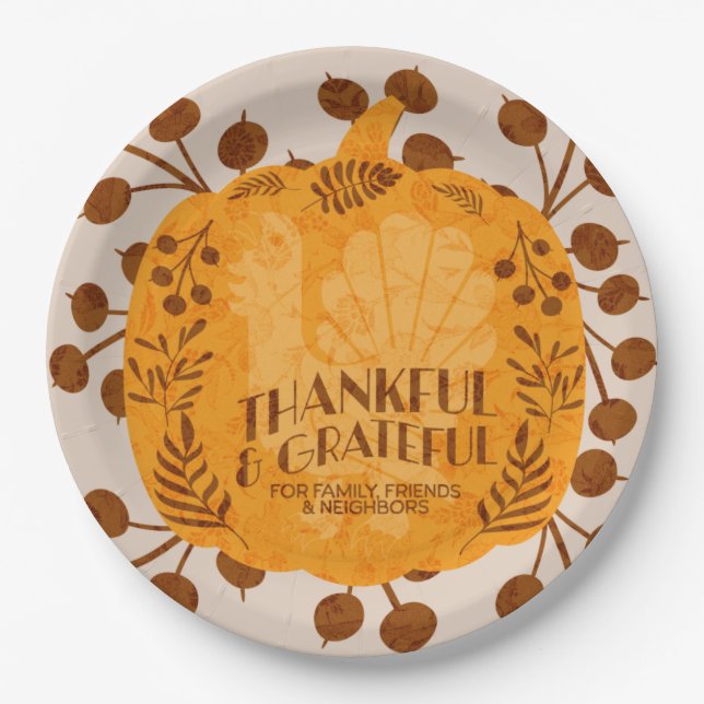 Thanksgiving Thankful Turkey Pumpkin Greenery    Paper Plates (Front)