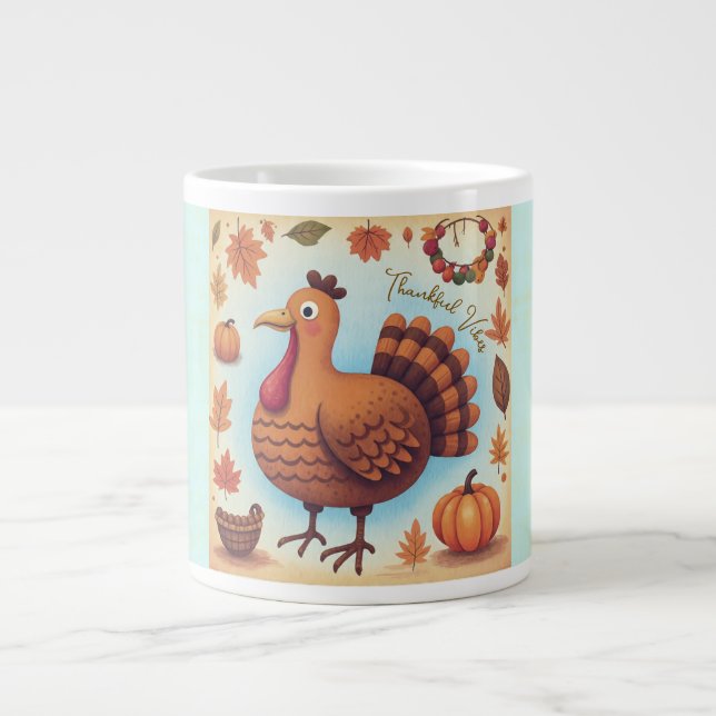 Thanksgiving,Thankful Vibes,Cute Turkey Giant Coffee Mug (Front)