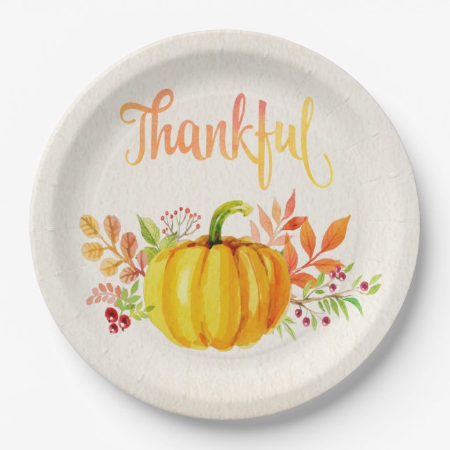 Thanksgiving "Thankful" Watercolors Both Sizes Paper Plates (Front)