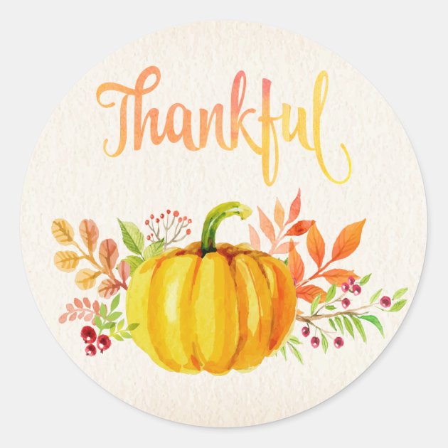 Thanksgiving "Thankful" Watercolors Classic Round Sticker