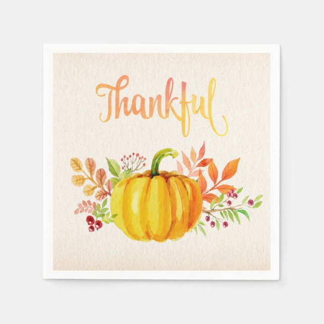 Thanksgiving "Thankful" Watercolors Paper Napkins (Front)