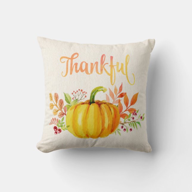 Thanksgiving "Thankful" Watercolors Throw Pillow (Front)
