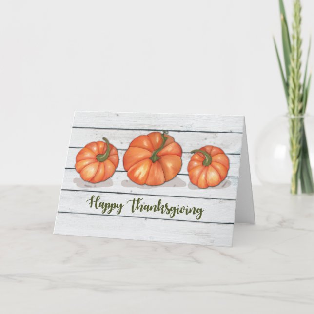 Thanksgiving Three Pumpkins on Wooden Plank  Card (Front)