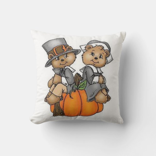 Thanksgiving Throw Pillow/Teddy Bear Pilgrams Throw Pillow (Front)