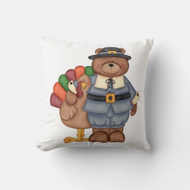 Thanksgiving Throw Pillow/Turkey and Bear Pillow (Front)