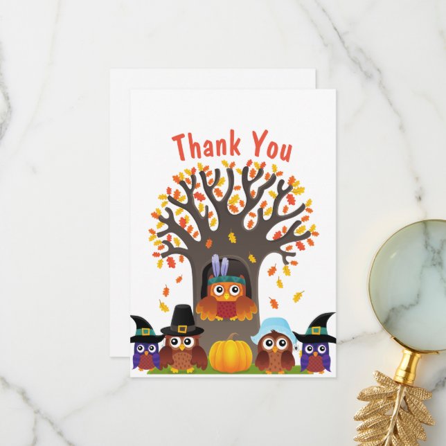 Thanksgiving tree with cute owls  thank you card (Front/Back In Situ)