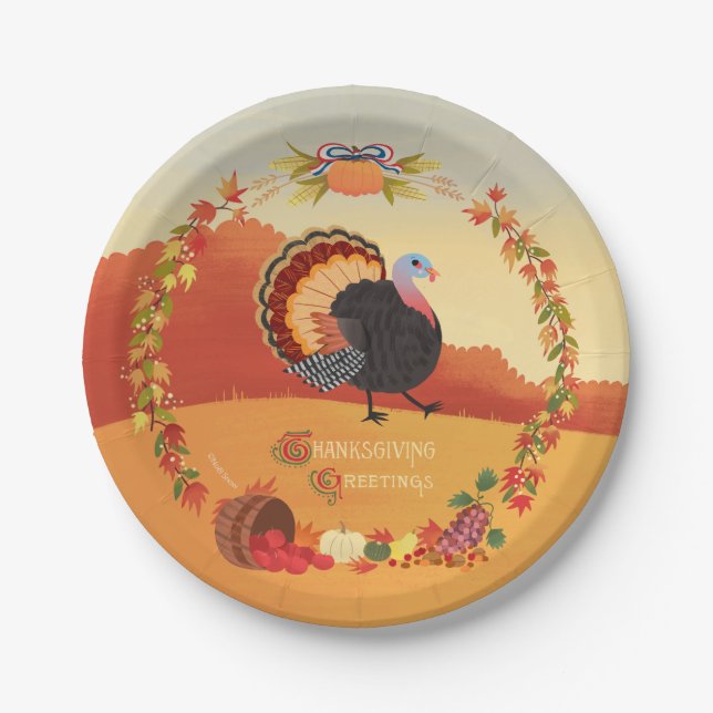 Thanksgiving Turkey and Fall Harvest Paper Plates (Front)