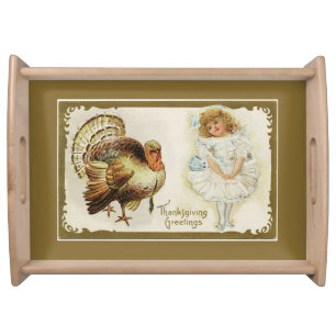 Thanksgiving Turkey and Little Girl Large Serving Tray