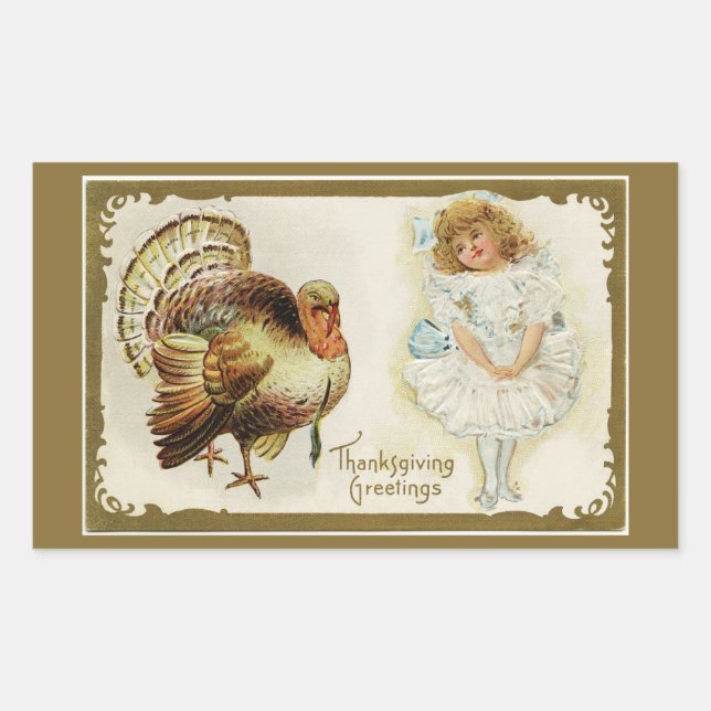 Thanksgiving Turkey and Little Girl Rectangular Sticker (Front)