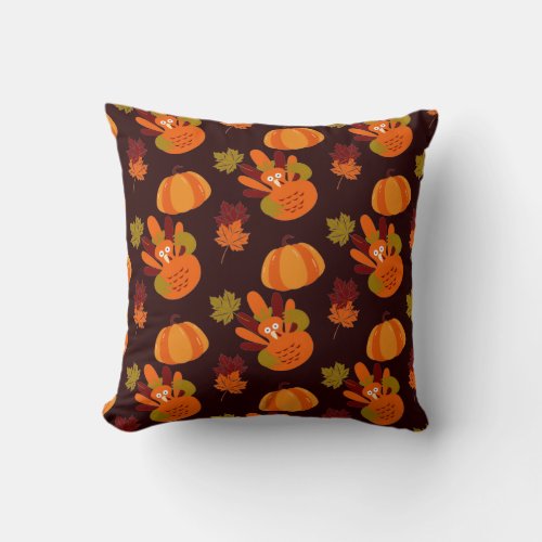 Thanksgiving Turkey Autumn Leaves Pumpkin Pattern Throw Pillow