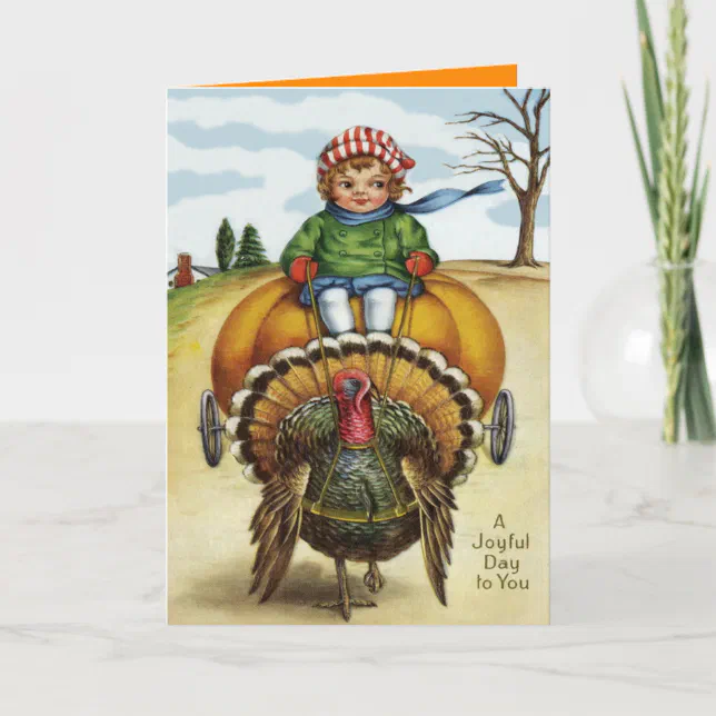 Thanksgiving Turkey Boy Riding Pumpkin Holiday Card | Zazzle
