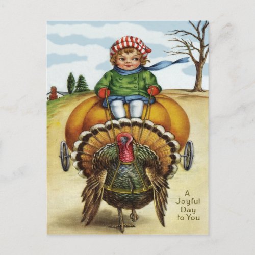 Thanksgiving Turkey Boy Riding Pumpkin Holiday Postcard