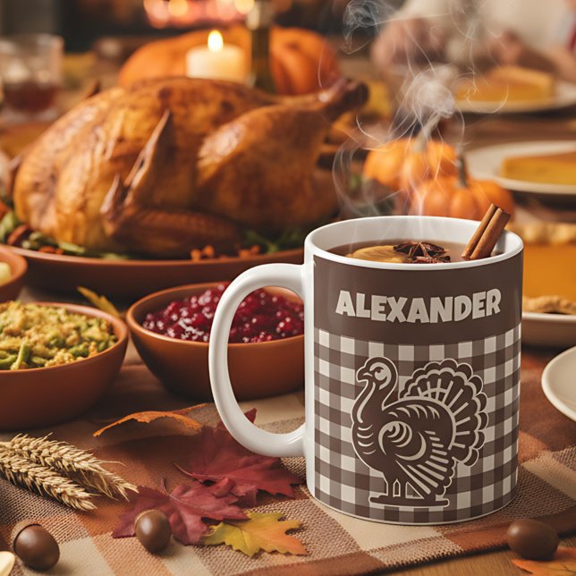 Thanksgiving Turkey Brown & Tan Plaid Name Coffee Mug (Creator Uploaded)