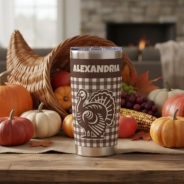 Thanksgiving Turkey Brown & Tan Plaid Name Insulated Tumbler (Creator Uploaded)