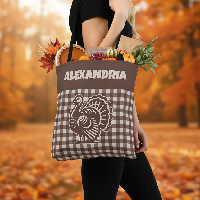 Thanksgiving Turkey Brown & Tan Plaid Name Tote Bag (Creator Uploaded)