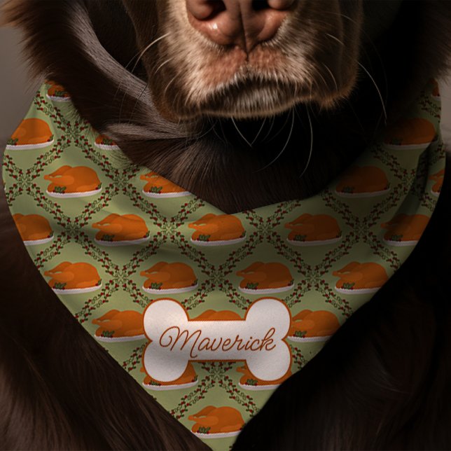 Thanksgiving Turkey Dinner Green Dog Name Bandana (Creator Uploaded)