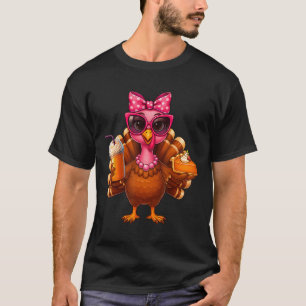 Thanksgiving Turkey Drinking Coffee Bow Pie Turkey T-Shirt