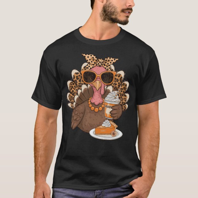 Thanksgiving Turkey Drinking Coffee Leopard   T-Shirt (Front)