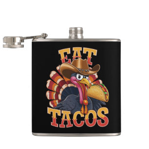 Thanksgiving Turkey Eat Tacos Funny Mexican Flask