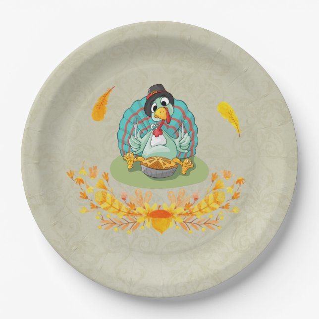 Thanksgiving Turkey Eating Pumpkin Pie Paper Plates (Front)