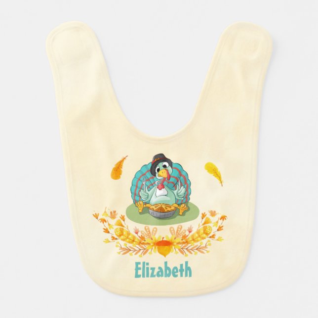 Thanksgiving Turkey Eating Pumpkin Pie Personalize Bib (Front)