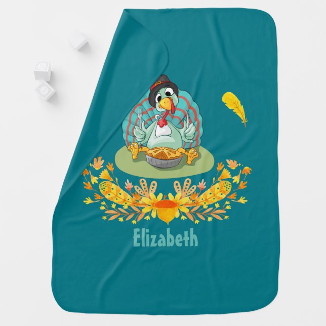 Thanksgiving Turkey Eating Pumpkin Pie Personalize Receiving Blanket (In Situ)
