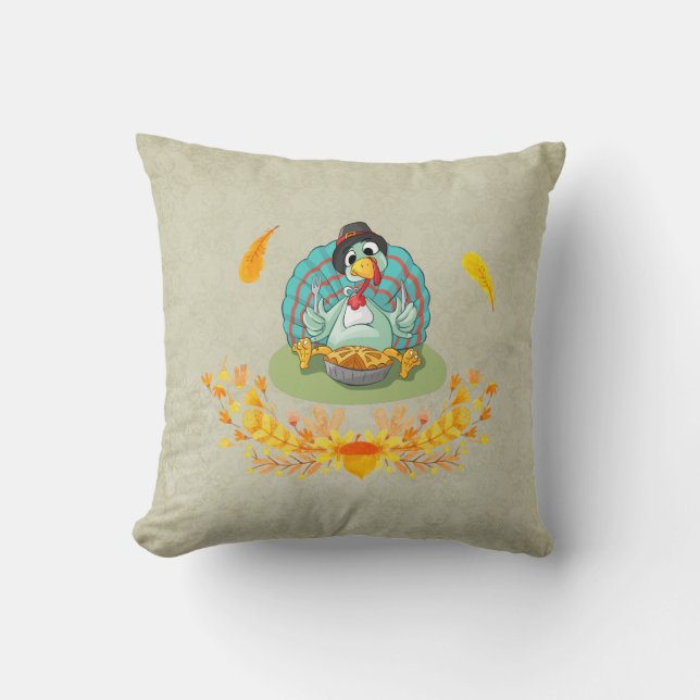 Thanksgiving Turkey Eating Pumpkin Pie Throw Pillow (Front)
