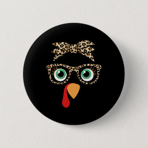 Thanksgiving Turkey Face Girl Leopard Bow And Gles Button