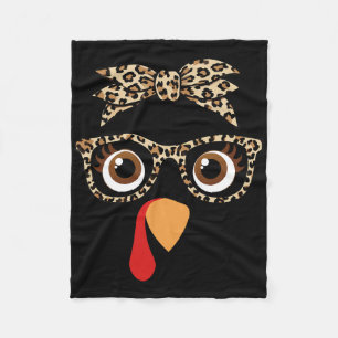 Thanksgiving Turkey Face Girl Leopard Bow And Gles Fleece Blanket