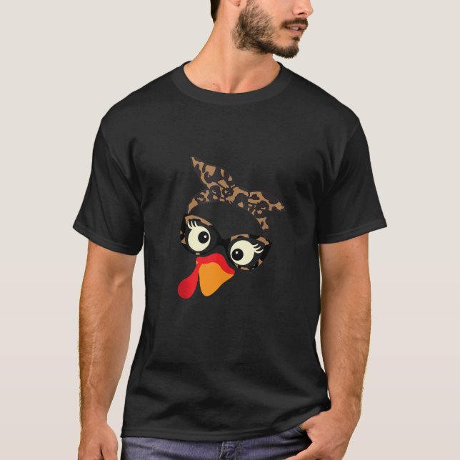 Thanksgiving Turkey Face Leopard Print Glasses Fun T-Shirt (Front)