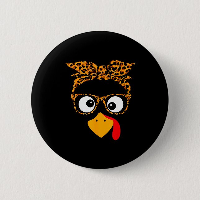 Thanksgiving Turkey Face Leopard Print Gles Autumn Button (Front)