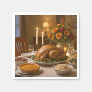 Thanksgiving Turkey Feast With Candles Napkins
