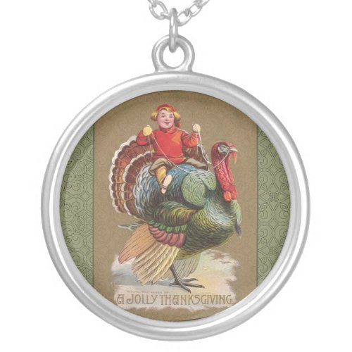 Thanksgiving Turkey Funny Vintage Greetings Silver Plated Necklace