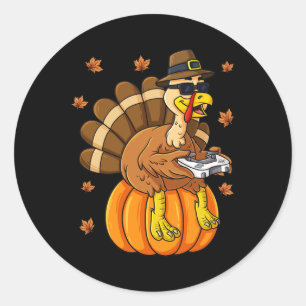 Thanksgiving Turkey Gamer Pumpkin Boys Kids Teens  Classic Round Sticker