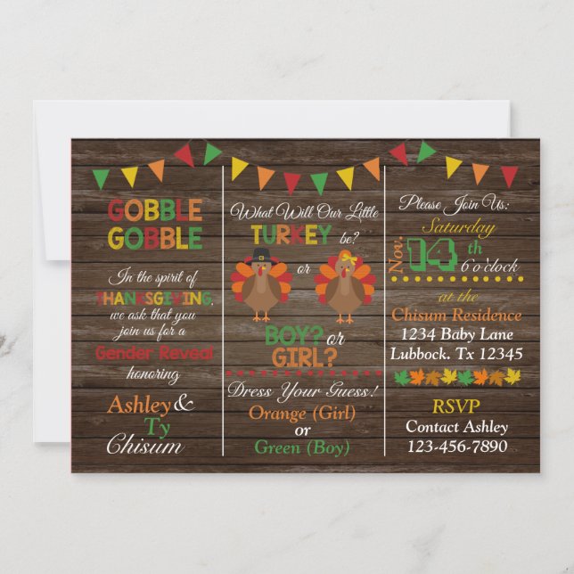 Thanksgiving Turkey Gender Reveal Invitation (Front)