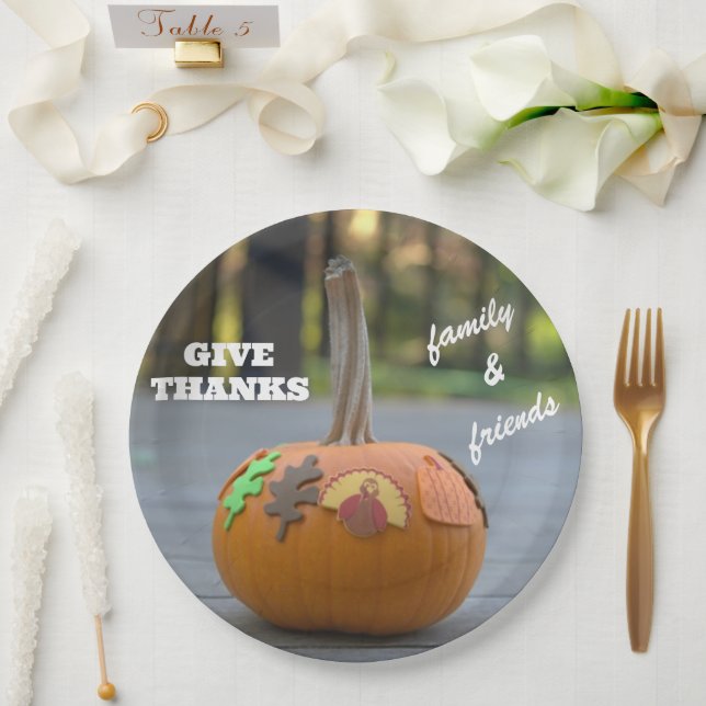Thanksgiving Turkey Give Thanks Pumpkin Paper Plates (Wedding)