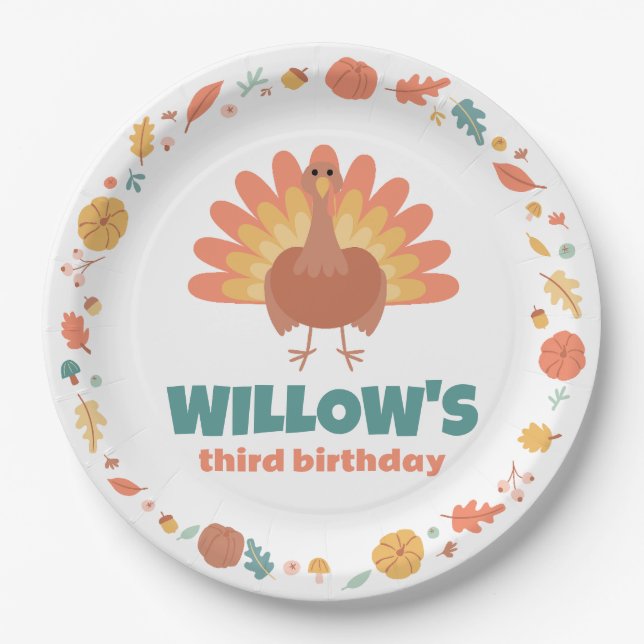 Thanksgiving Turkey Gobble Gobble Birthday Paper Plates (Front)