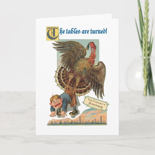 Thanksgiving Turkey Grabs Boy, Funny, Vintage Holiday Card (Front)