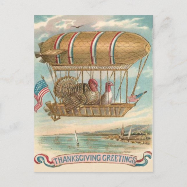 Thanksgiving Turkey Hot Air Balloon US Flag Holiday Postcard (Front)